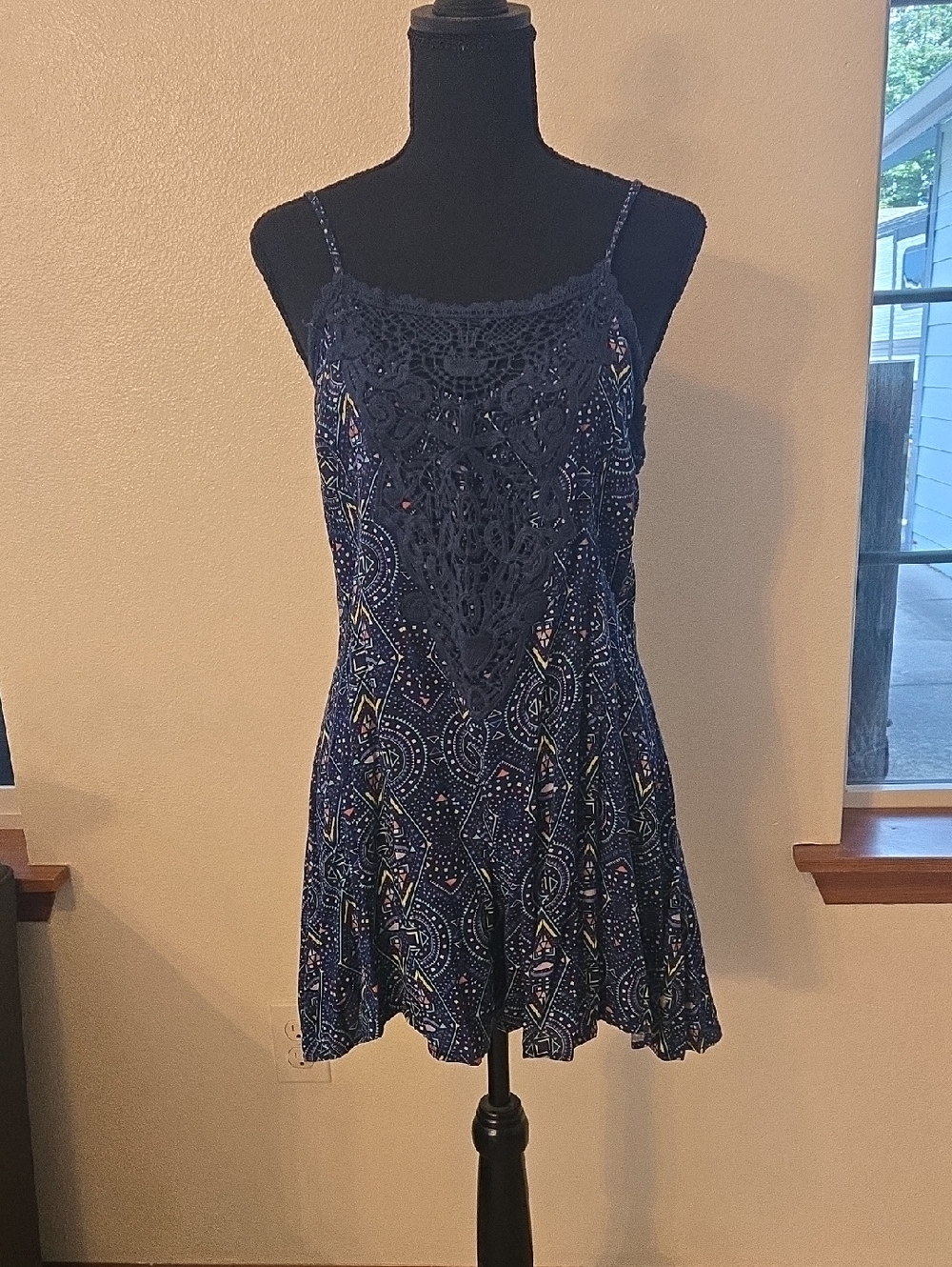 Derek Heart Navy Crochet-Front Spaghetti Strap Romper
